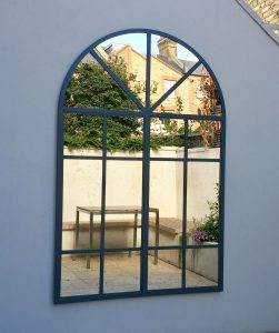 Aldgate Home Bespoke Ironwork Mirror completed in the traditional tone of Farrow and Ball Downpipe for exterior display