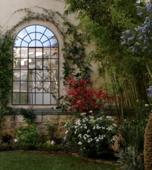 Architectural Arch with foliage growth around frames this mirror so well