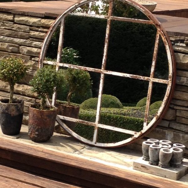 Rare Circular 12 Panel Wrought Iron Window Frame Mirror