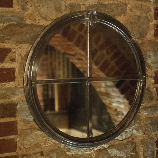 Vintage Small Circular 4 Panel Cast Iron Window Frame Mirror